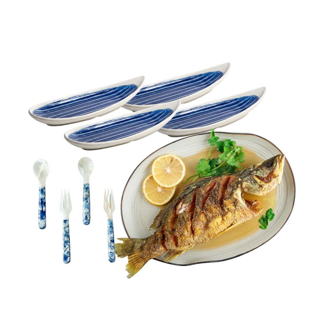Oval Platter, Sharing Plates & Mother of Pearl Utensils Set