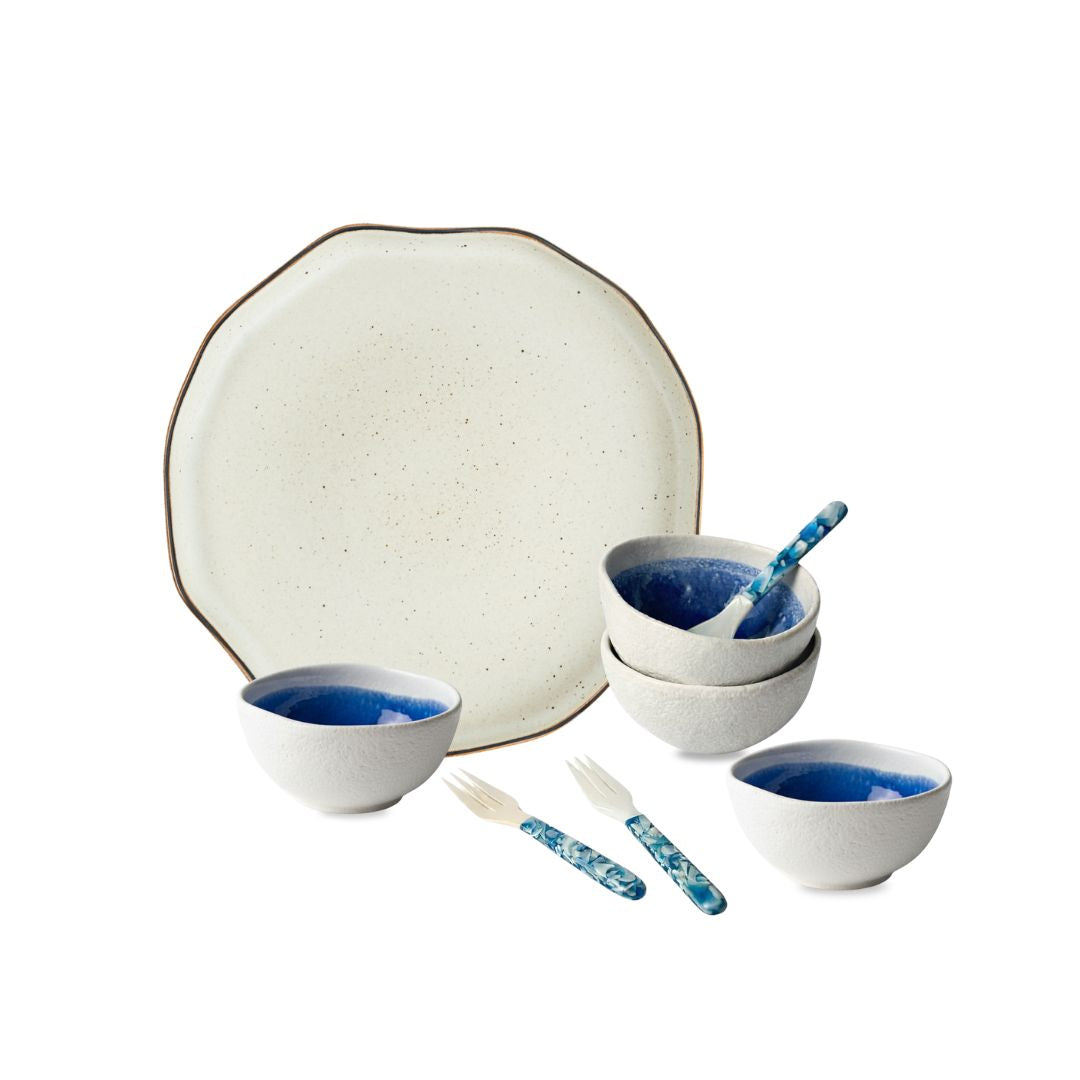 Rice Bowls, Round Serving Plate &amp; Mother of Pearl Utensils Set