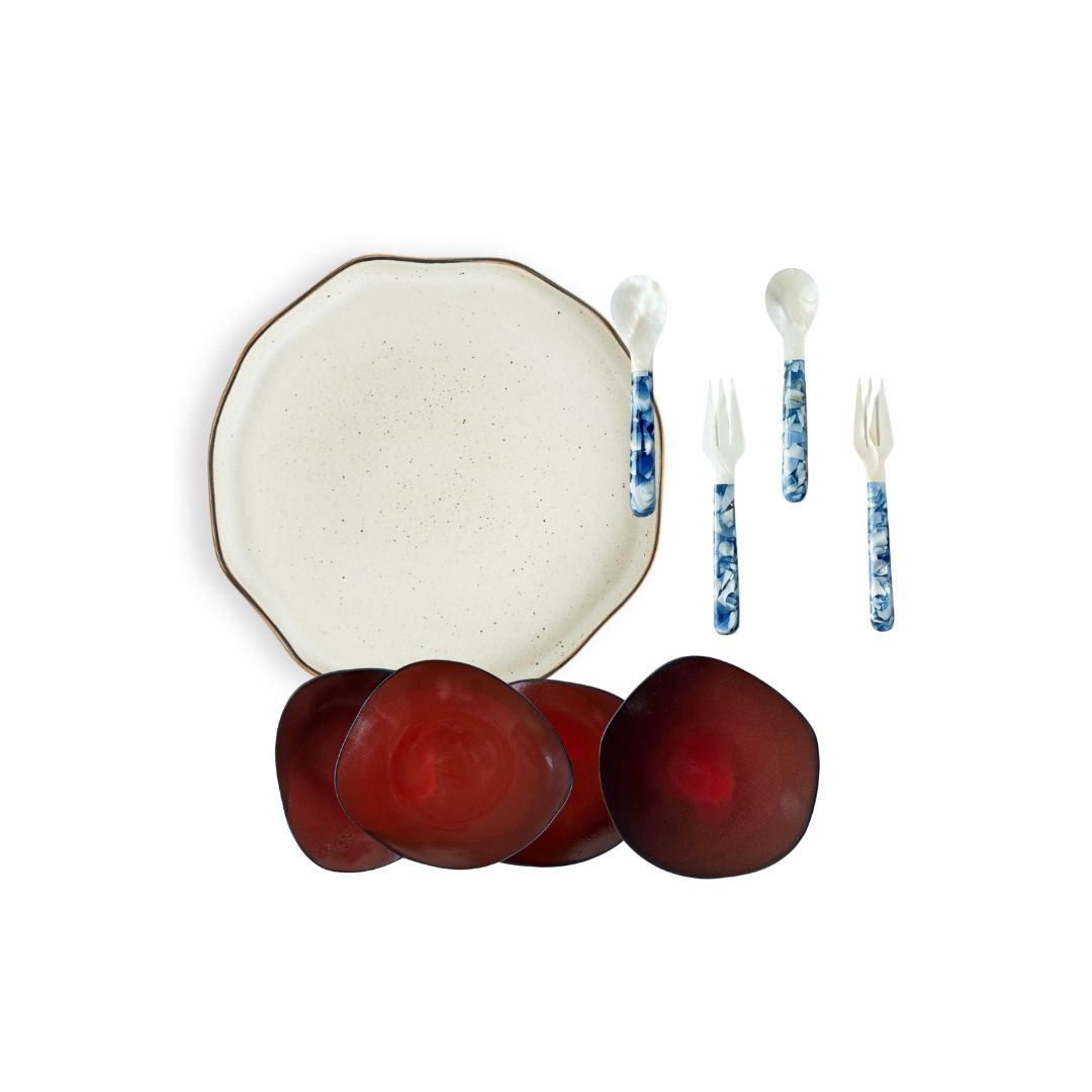 Round Platter, Mini Plates &amp; Mother of Pearl Utensils Set