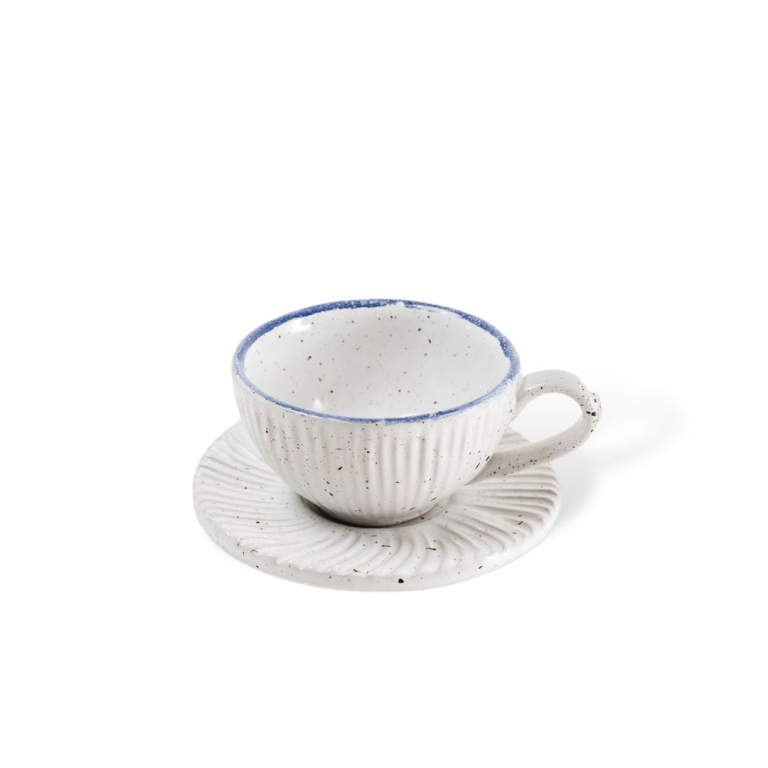 A ceramic mug with a blue and white glaze on a white saucer, against a plain background.